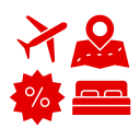 Icônes de voyage et carte rouge représentant Travailler au Canada avec avion et offres spéciales.